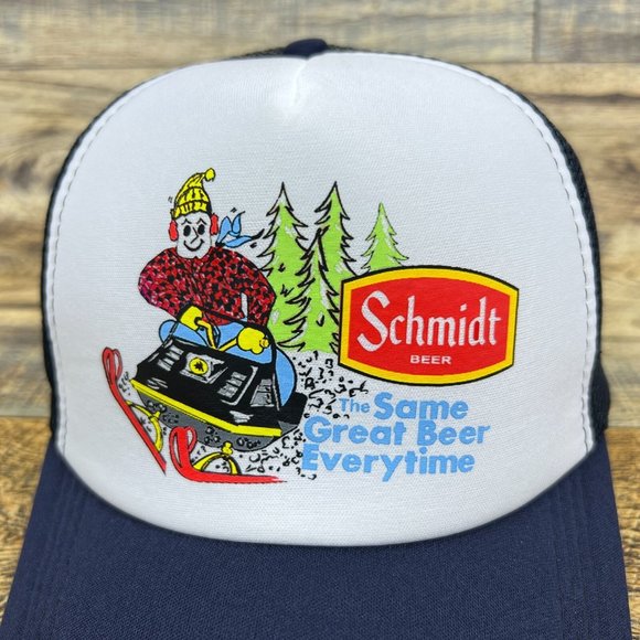 Schmidt Beer Mens Trucker Hat Navy Snapback Vintage Skiing Logo Baseball Cap - Picture 3 of 8